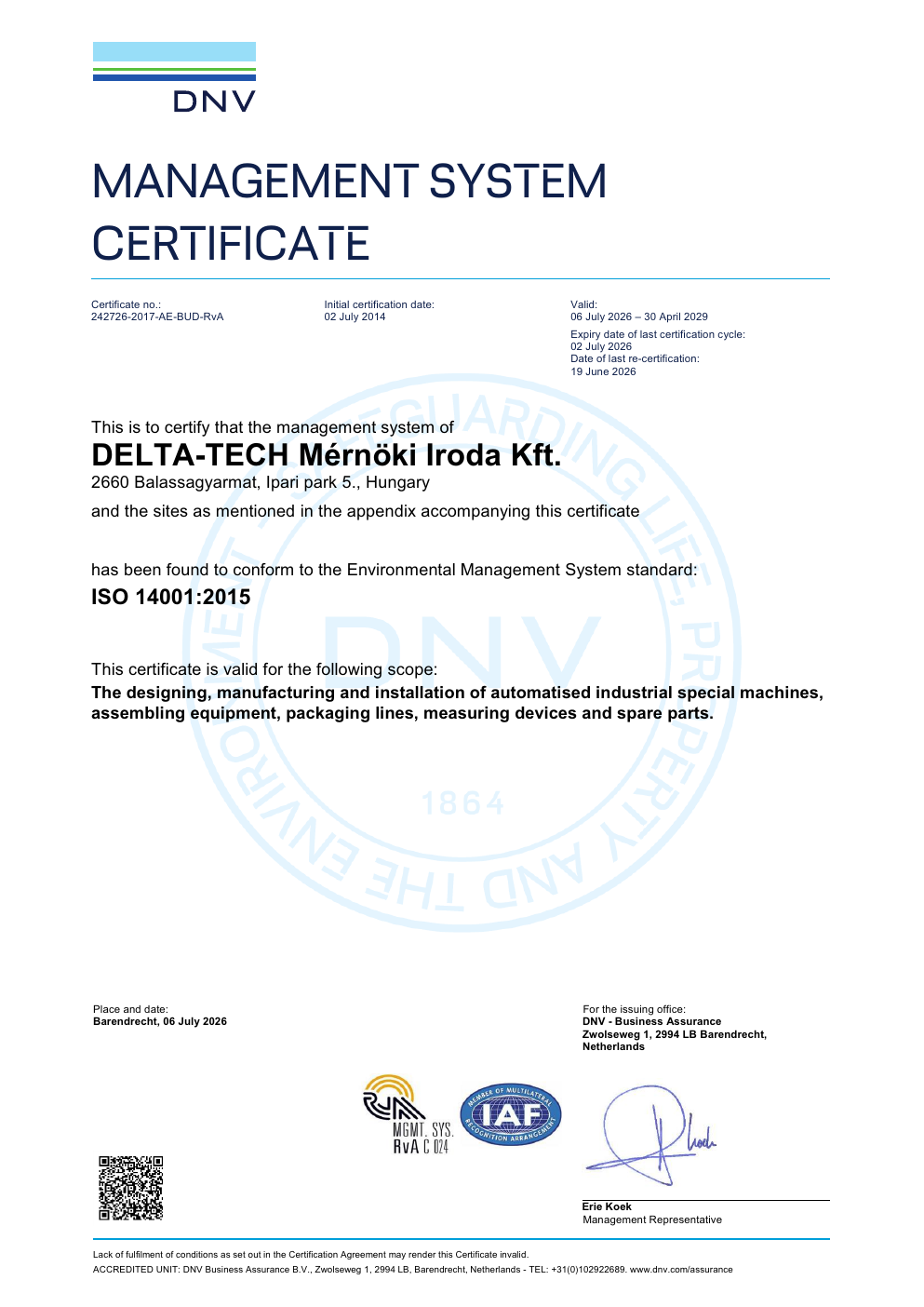 DELTA-TECH Kft. ISO 14001:2015 English certificate, page one