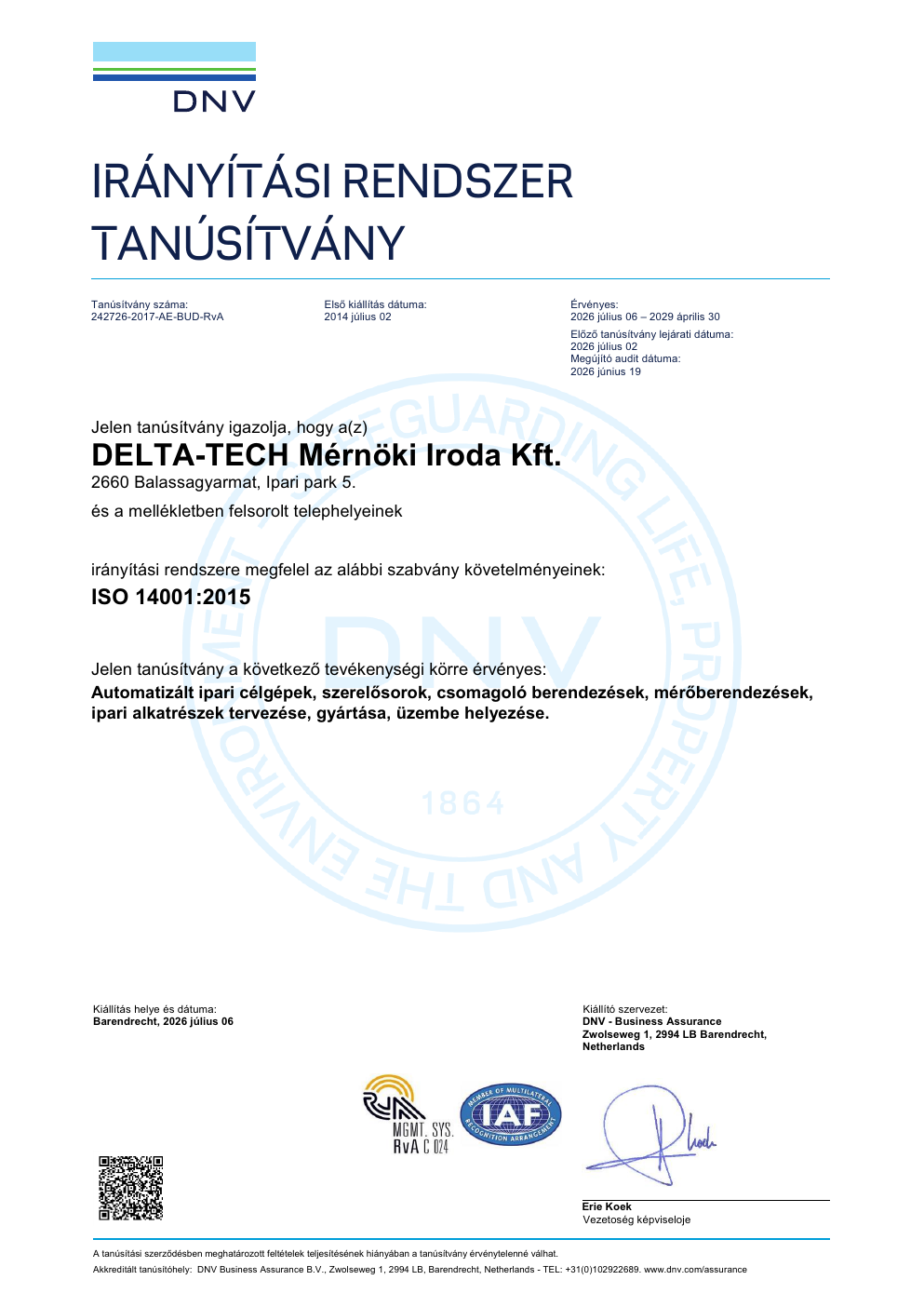 A DELTA-TECH Kft. ISO 14001:2015 magyar tanúsítványának első oldala