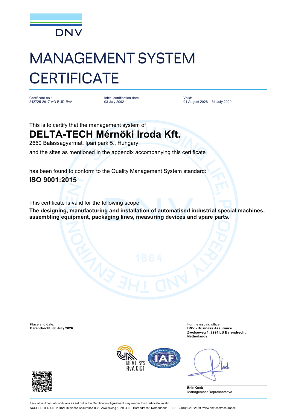 DELTA-TECH Kft. ISO 9001:2015 English certificate, page one