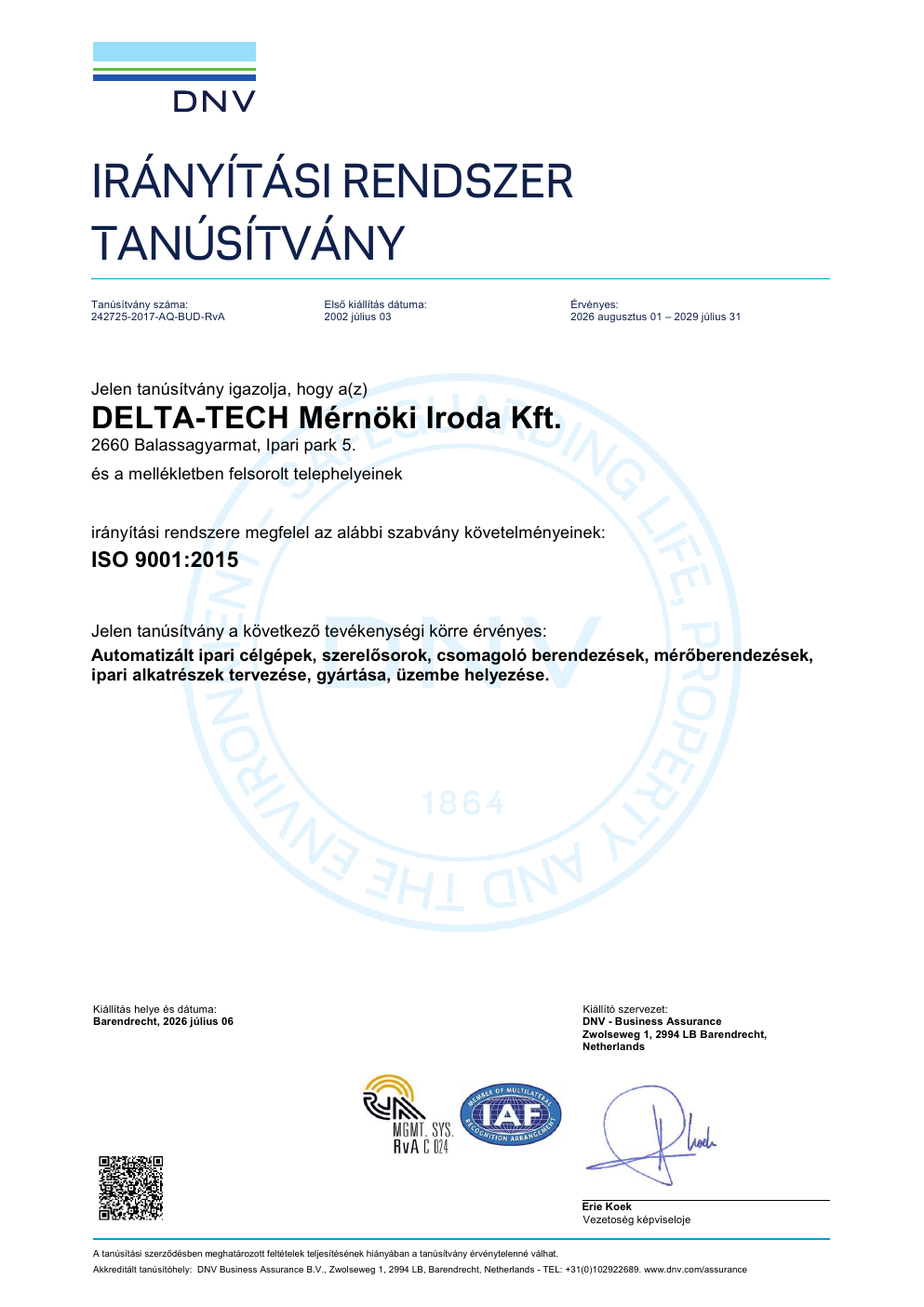 A DELTA-TECH Kft. ISO 9001:2015 magyar tanúsítványának első oldala