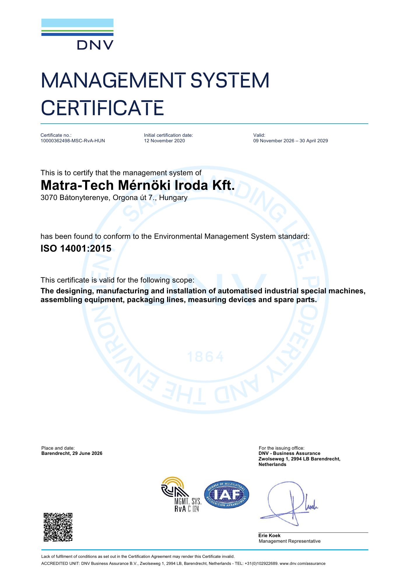 Matra-Tech Mérnöki Iroda Kft. ISO 14001:2015 certificate in English