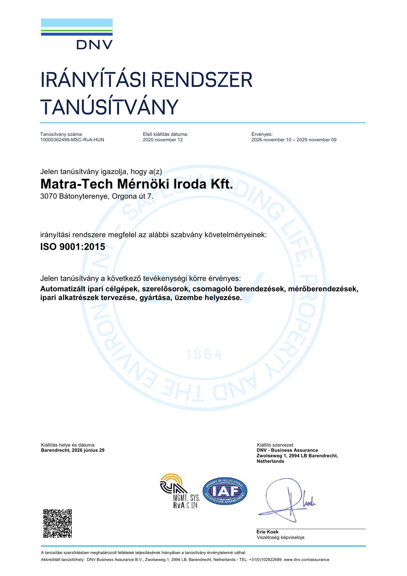 A Matra-Tech Mérnöki Iroda Kft. magyar ISO 9001:2015 tanúsítványa