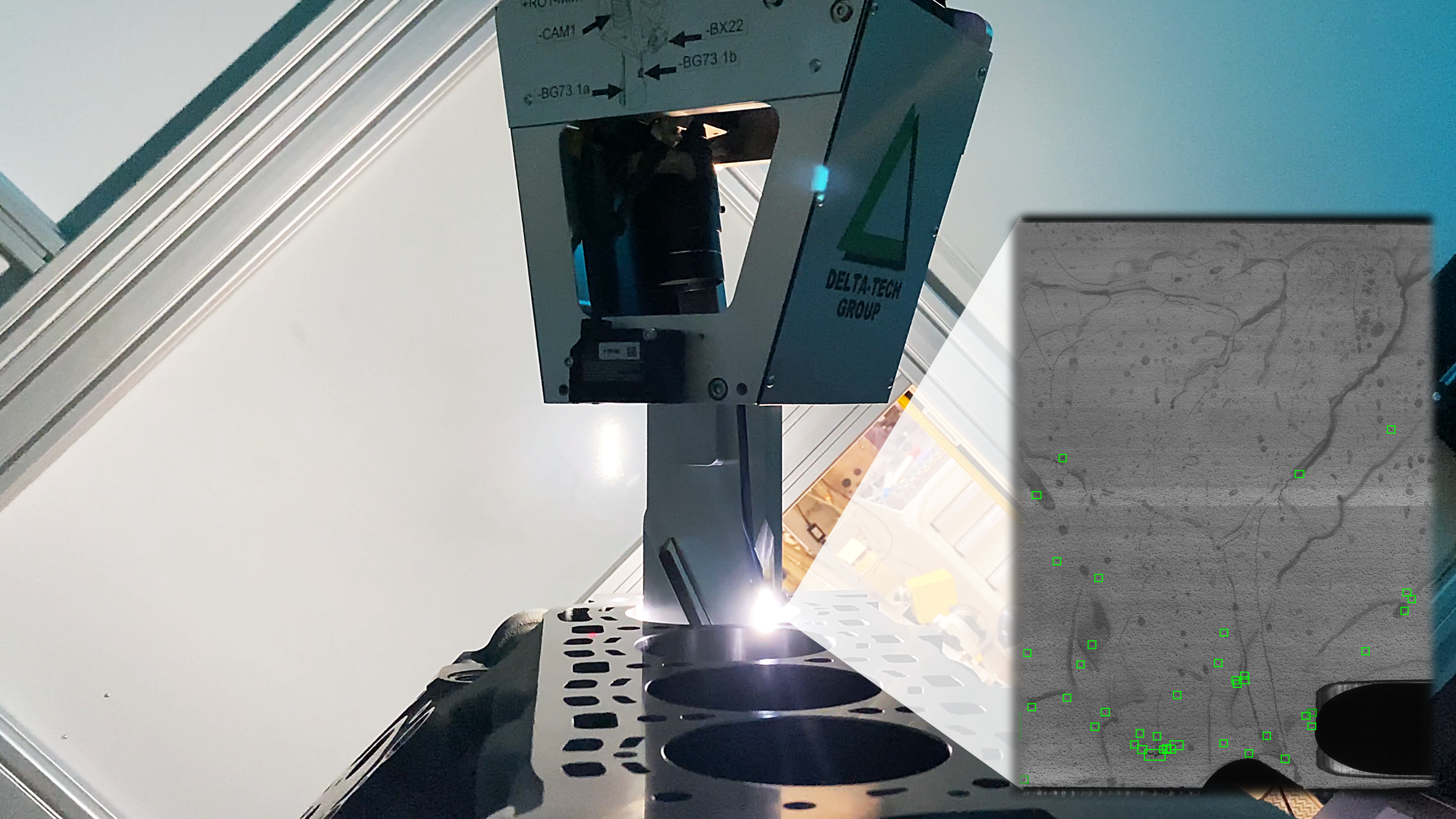DELTA-TECH automated visual inspection system during surface inspection of an engine component